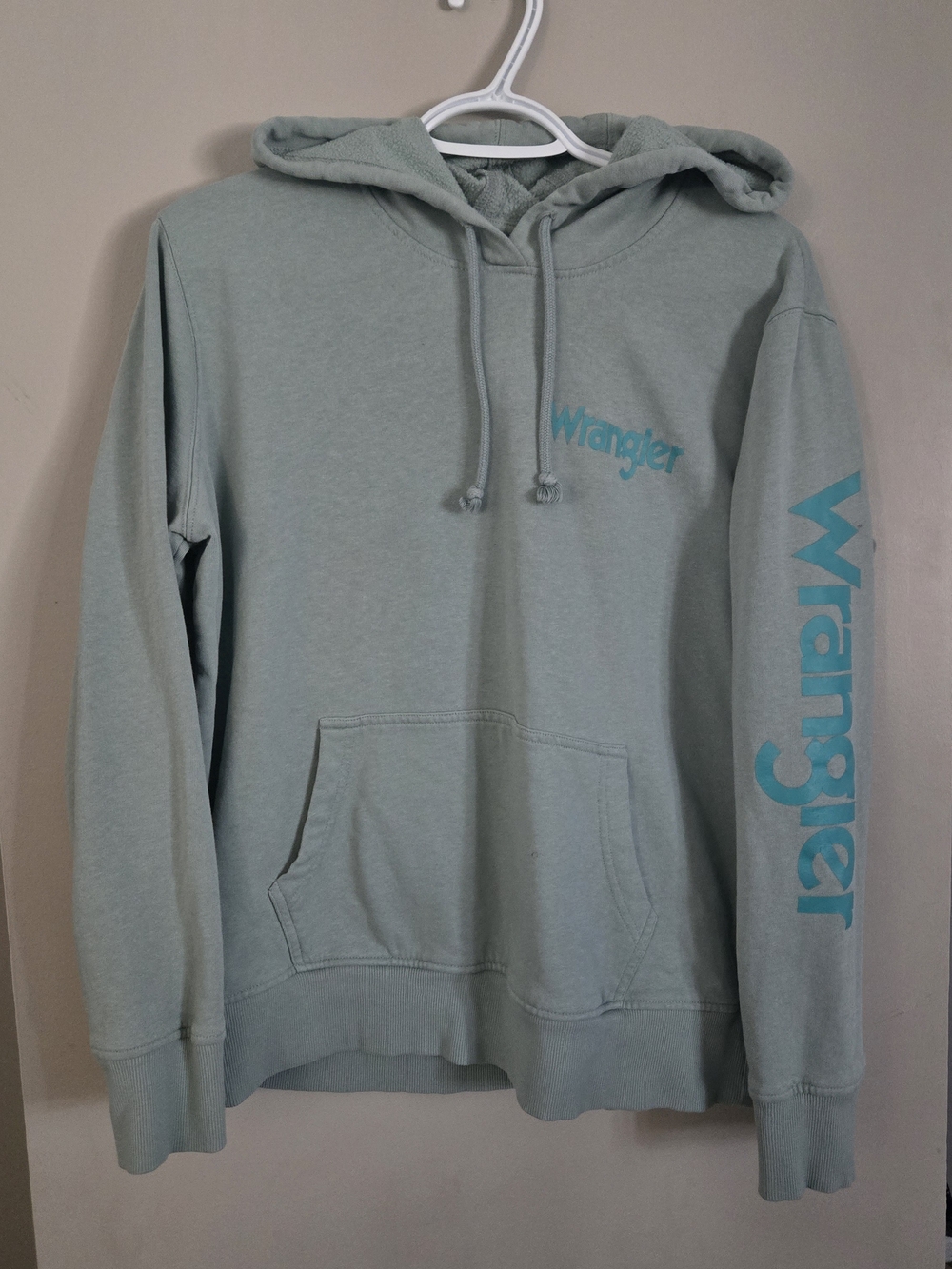 Wrangler Sage Green Pullover Hoodie with Teal Logo